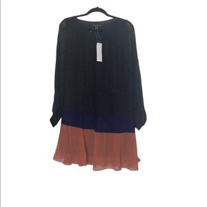 NWT French Connection light gauzy pleated two tone long sleeved dress, navy/rust